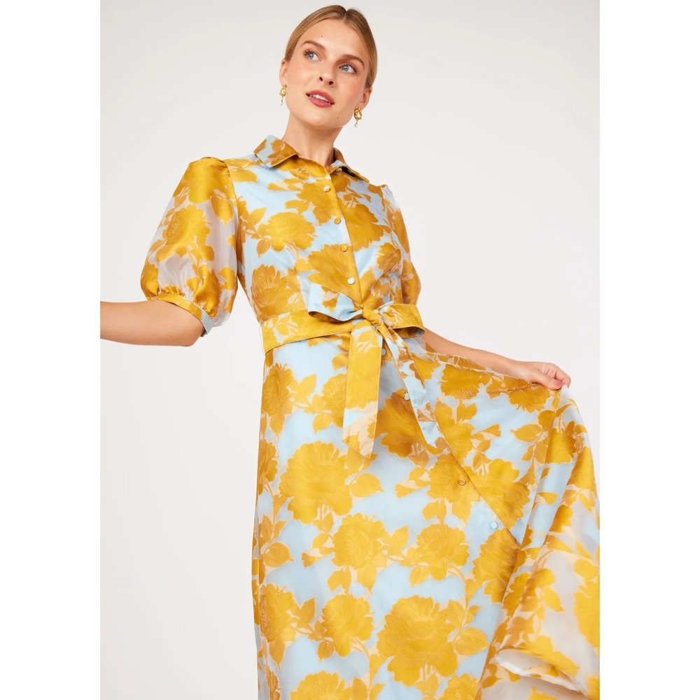 Gold Floral Maxi Shirt Dress with Tie Belt in Light Blue - Picture 2 of 9